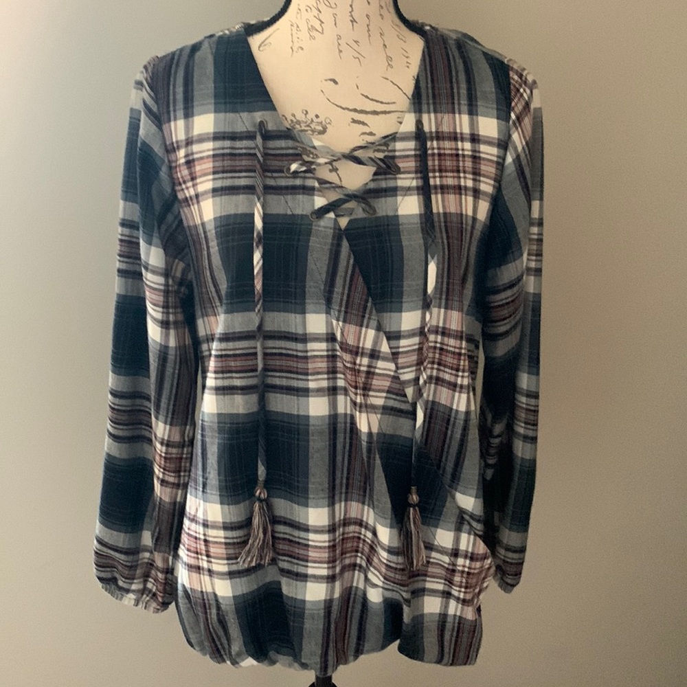 Knox Rose Plaid Lace-Up Blouse